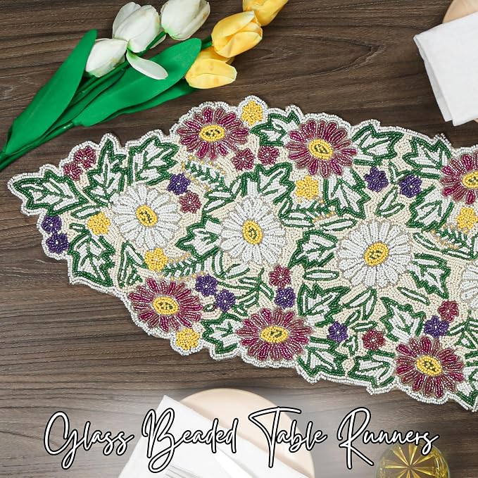 Spring Floral Beaded Table Runner, 13x36 | Glass beads, polyester backing - Image 2