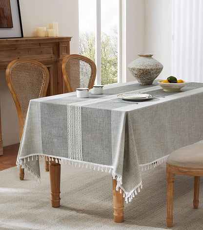 ZeeMart Contrast Linen Table Cloth Rectangle Table Cloths 52x70 Inch Mid-Stripe Grey, Farmhouse Style Heavy Weight Grey Tablecloth, Water Resistant Burlap Tablecloths
