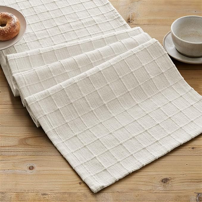 Artisanal Grid Linen Table Runner, 13x48 Inches Ivory | Heavy Textured - Image 2