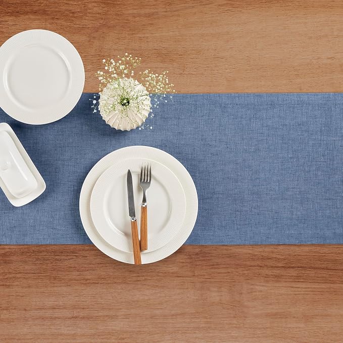 Solino Home 100% Linen Table Runner Blue Denim Woven, Athena 14 x 60 in | Table - Image 4
