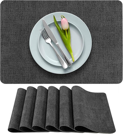 More Décor Faux Leather Placemats Set of 6 for Dining Table – Waterproof, Wipeable, Washable, Stain & Heat Resistant, Non-Slip Table Mats – 12 X 17 Inch, Dark Grey