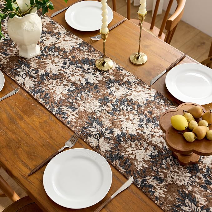 ORTIGIA Vintage Floral Table Runner, Boho Chenille Coffee Brown Farmhouse - Image 2