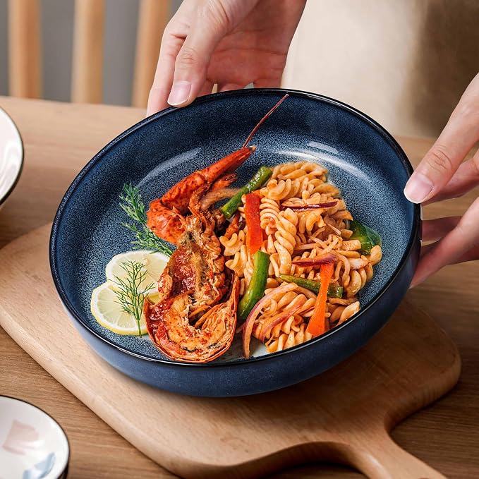 Herogo Stoneware Pasta Bowls Set of 4, Large Wide Shallow 37oz Plates and - Image 5