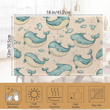 Placemats Set of 6,Cute Whale Table Mats,Sea Animal Washable Linen Table Mats,Non-Slip Heat Resistant Placemats for Party Kitchen Dining Indoor Outdoor 12"x18"