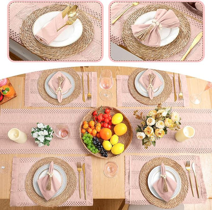 6 Sets Boho Decoration Placemats Round Woven Placemats, Cloth Napkins, Wood - Image 5