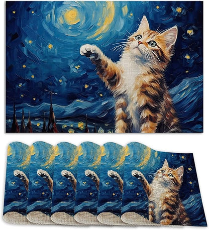Set of 6 Washable Cute Cat Placemats Non-Slip Heat-Resistant12x18 Inch Thick Decorative Van Gogh Starry NightLinen Table Mats for Dining Table Home Décor