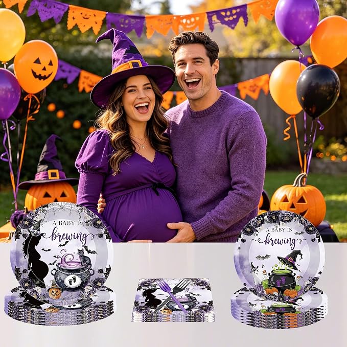 96 Pcs A Baby Is Brewing Halloween Baby Shower Decorations, Witch Brew Plates - Image 7