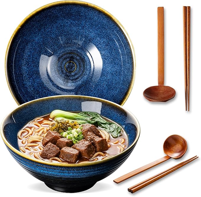 8 Inch Ceramic Ramen Bowl Set of 2, 40oz Japanese Bowls by ArtifexCeram