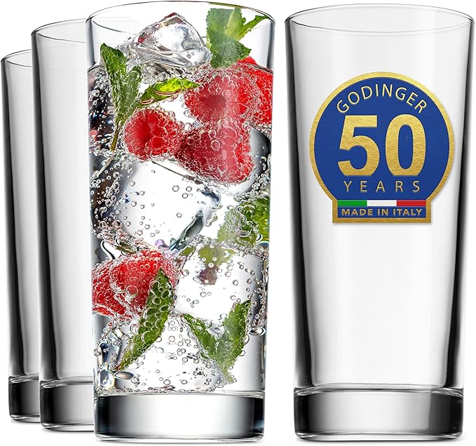 Godinger Highball Drinking Glasses, Italian Made Tall Glass Cups, Water Glasses Drinking Set, Cocktail Glasses - 14oz, Set of 4, Made In Italy