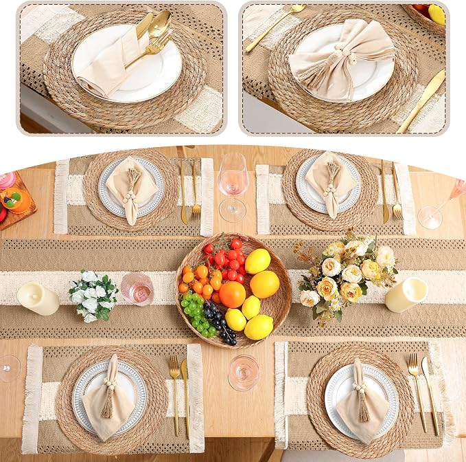 6 Sets Boho Decoration Placemats Round Woven Placemats, Cloth Napkins, Wood - Image 6