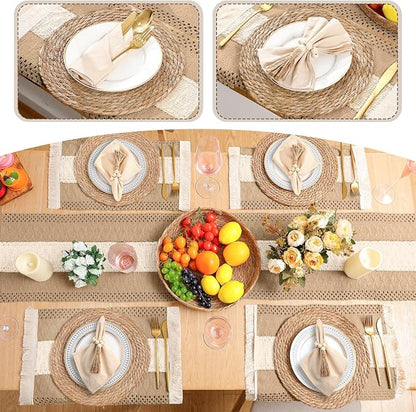 6 Sets Boho Decoration Placemats Round Woven Placemats, Cloth Napkins, Wood - Image 6