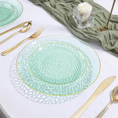 DaYammi 60PCS Green Gold Plastic Plates - 10 inch Green Plastic Dinner Plates - Hammer Pattern Design - Fancy Disposable Plates Ideal for Wedding & Party
