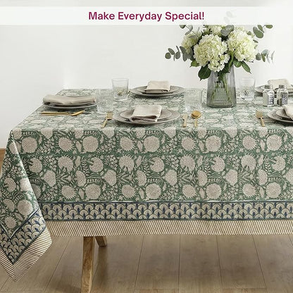 ATOSII Jade 100% Cotton Rectangle Boho Fall Tablecloth, Handblock Floral Table Cloth Linen for Kitchen Dining I Parties Wedding Outdoors Christmas Thanksgiving I 72 X 140 Inches I 12 Seater