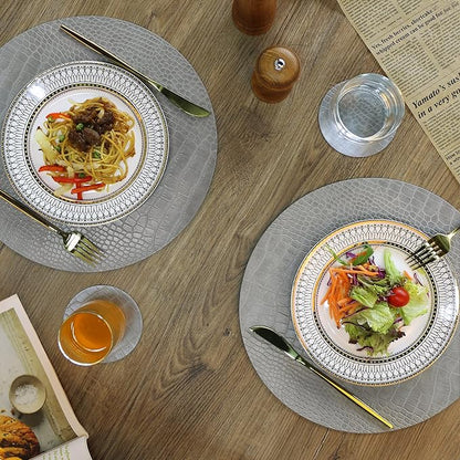 Round Leather Placemats for Round Tables Set of 6, Gray Table Place Mats and Coasters, Washable Easy to Care for Indoor Decor 13" Diameter