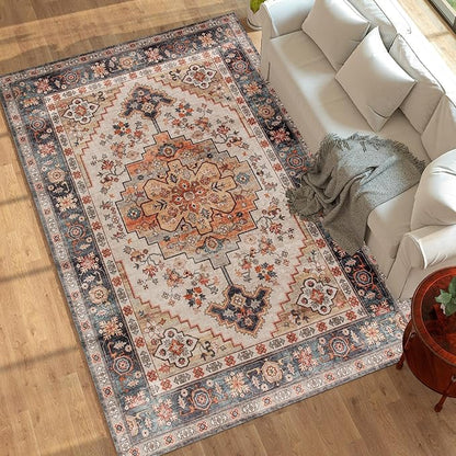 HOMCOM Washable Area Rug, 8'x10' Vintage Indoor Distressed Carpet, Retro Floor Cover Foldable, Floral Print Mat for Living Room, Bedroom, Dining Room, Tawny Brown