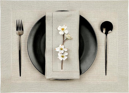 D'Moksha Homes Linen Placemats Set of 6 - Classic Hemstitch Natural Placemats 14 x 19 Inch - 100% Pure Linen Table Mats for Valentines, Spring, Easter - Handcrafted and Machine Washable