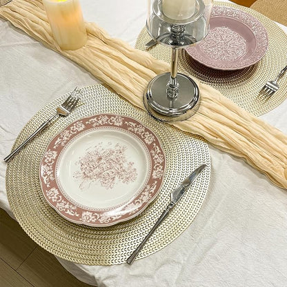 Set of 4 PVC Gold Textured Round Placemats Dinning Kitchen Table Mats Decorations Setting for Christmas Wedding Thanksgiving Party Event Holiday Autumn Harvest 15 Inch