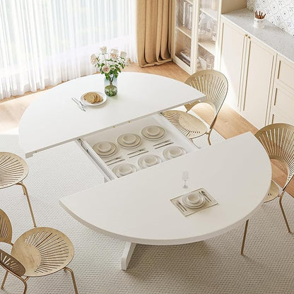 iPormis 59" Round Extendable Dining Table for 4-6, Modern Kitchen Table with Heavy Duty Pedestal Base & Wooden Top, Oval Dining Room Table for Dining Living Room, Easy Assembly, White