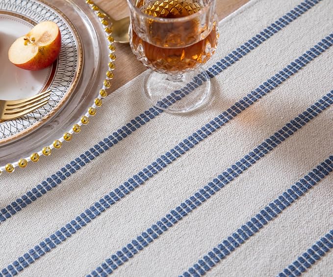 Caflife Boho Table Runner 60 Inchs Long Blue and Beige, Cotton and Linen Woven - Image 3
