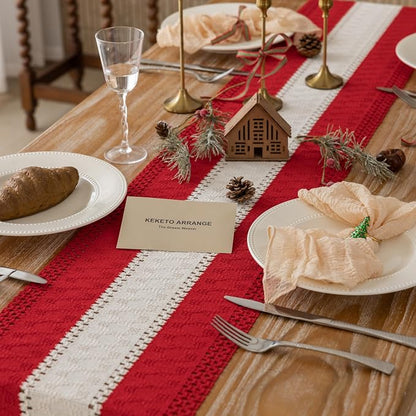 Keketoarrange Christmas Red Boho Table Runner 12x60 Inch | Woven Burlap - Image 4