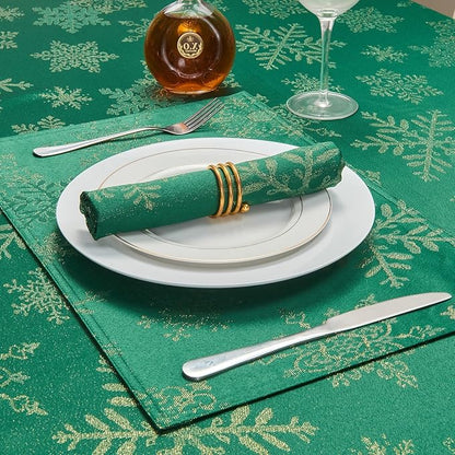 Cloth Place Mats Set of 8–Reusable Rectangular Waterproof Fabric Polyester Washable Wipeable Heat Resistant Jacquard Sparkling Metallic Snowflake for Kitchen Table(Hunter Gold/13x19 Inch)