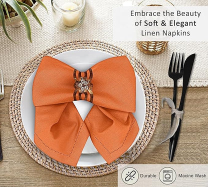 Ruvanti Premium Linen Napkins Set of 12-20x20 Inch, Classic Hemstitch, Mitered Corner Cloth Napkins - Soft, Elegant Dinner Napkins Cloth Washable for Weddings, Parties, Everyday Use - Fall/Orange