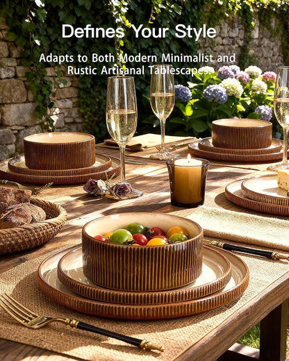 Dinnerware Set for 6, Ceramic Ribbed Plates, Dishes | 18-Piece Stoneware Dinner - Image 2