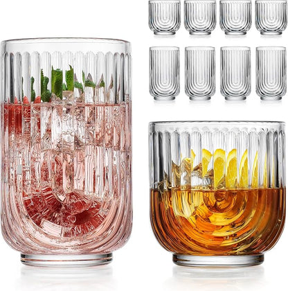 Glaver's 8-Piece Drinking Glass Set, Art Deco Ribbed Arch Glassware, 17oz by Glavers