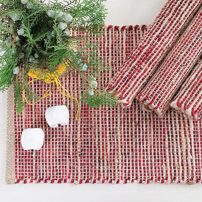Natural Jute & Red Placemats, 13x19 Inch Dining Table Placemats by ChardinHome