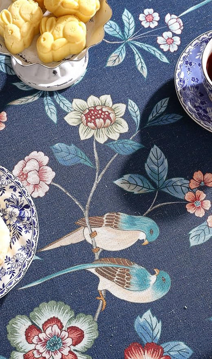 patdrea Designer Vintage Dark Blue Linen Rectangular Tablecloth,Navy French Floral and Birds Pattern Table Cloth,Decoration Table Cover for Kitchen,Dining,Tea Party,Home,Christmas,63"*94"