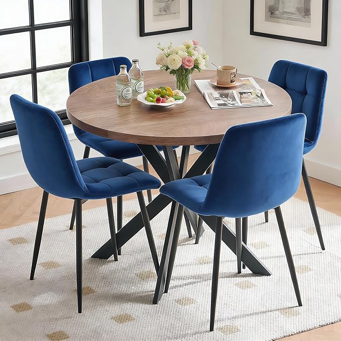 5-Piece Round Dining Table Set - Kitchen Table Chairs Set of 4 with Blue Velvet Upholstered Chairs -Dining Table Set for 4