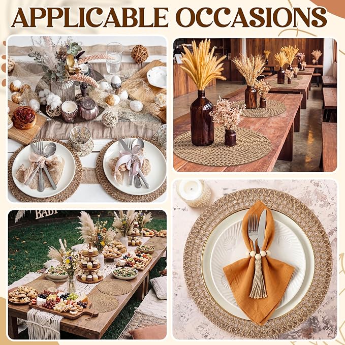 12 Pcs 15'' Burlap Boho Woven Placemat Wood Bead Napkin Rings - Image 6