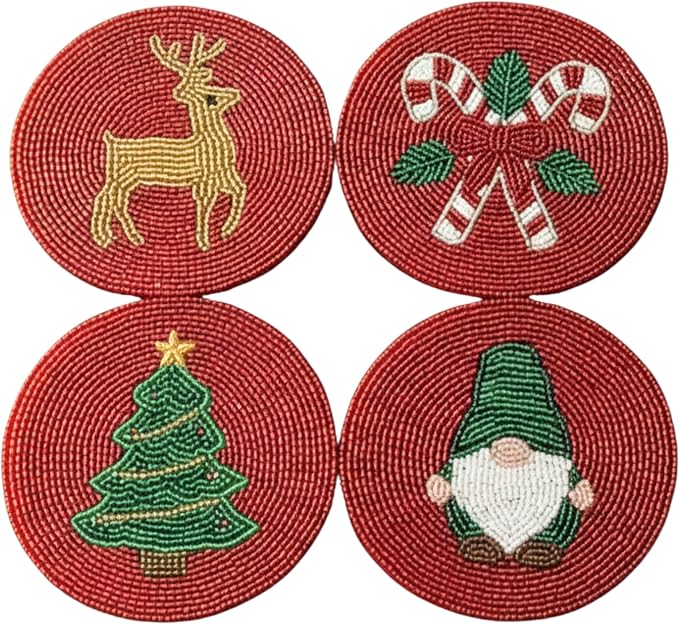 Folkulture Cute Coasters, Waterproof, Boho Table Décor | Holiday Magic Beaded by FOLKULTURE