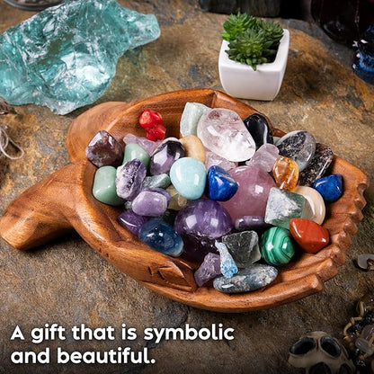 Curawood Carved Hands Offering Bowl - Crystal Holder for Stones, Rock Collection Holder, Crystal Display Storage Tray, Wooden Hands Bowl for Keys - Rock Display Case for Shelf, Stand, Altar Decor (L)