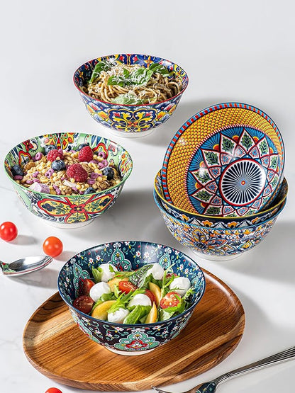 HENXFEN LEAD Boho Cereal and Soup Bowls Set of 6 – 24 oz Colorful Ceramic Bowl for Kitchen, Perfect for Oatmeal, Pasta, Salad, Dessert, Fruit – Microwave & Dishwasher Safe