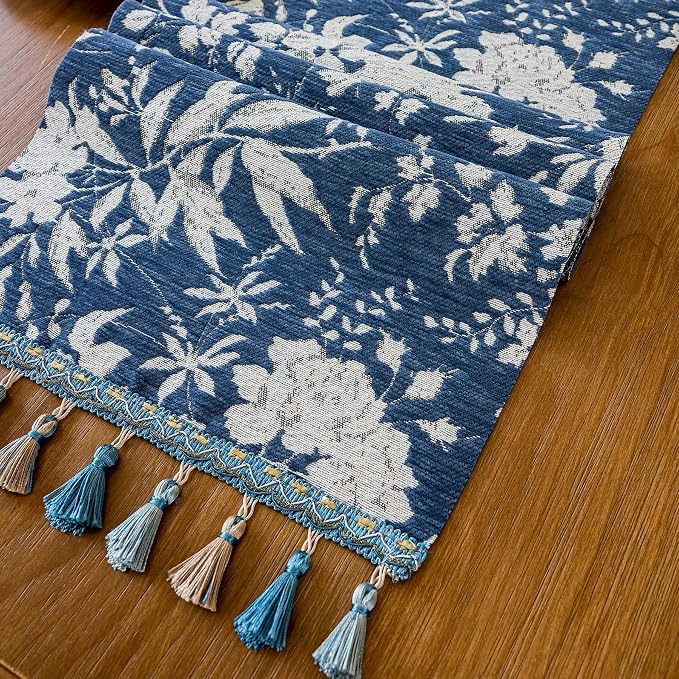 Botanical Jacquard Floral Dining Table Runner Blue 13 x 71 Inch | Jacquard - Image 5