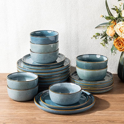 GBHOME Ceramic Dinnerware Sets for 8, 24 Pieces Stoneware Plates and Bowls Sets, Scratch Resistant Dishes, Dishwasher & Microwave Safe, Reactive Glaze-Space Blue