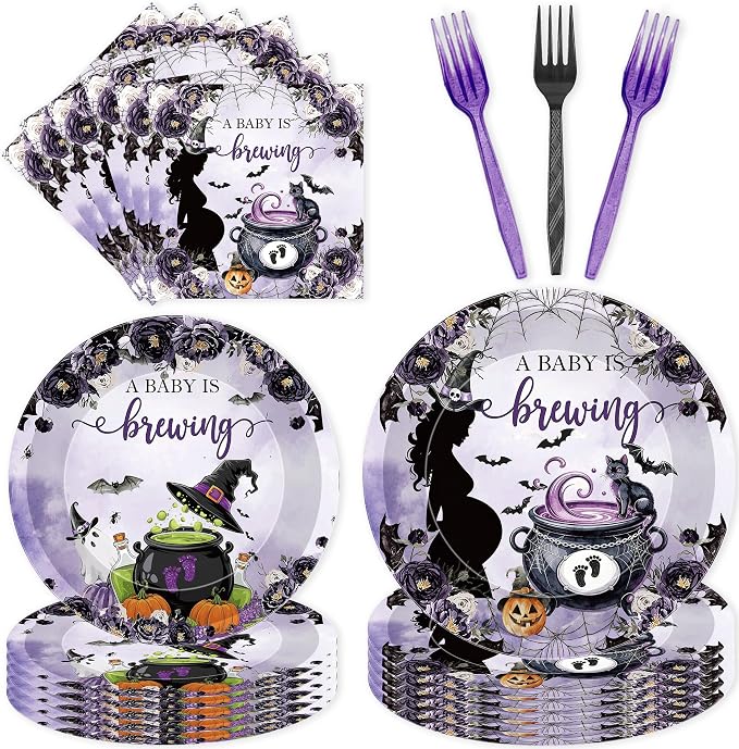 96 Pcs A Baby Is Brewing Halloween Baby Shower Decorations, Witch Brew Plates by EoBeCy