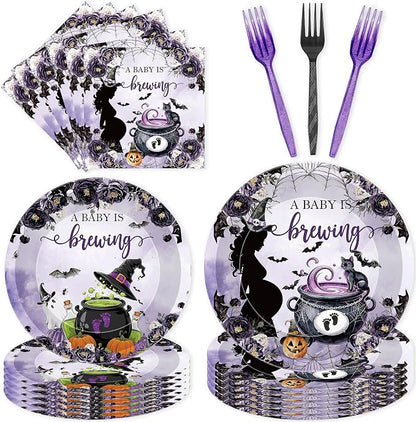 96 Pcs A Baby Is Brewing Halloween Baby Shower Decorations, Witch Brew Plates by EoBeCy