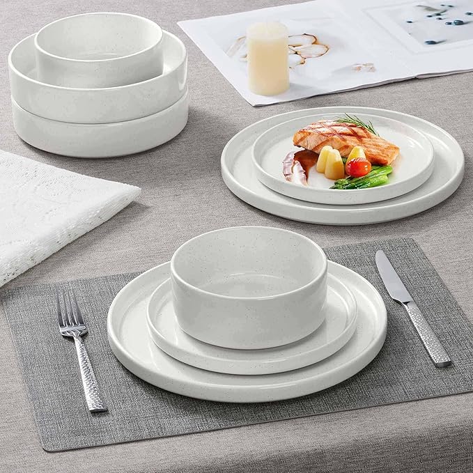Herogo Dinnerware Sets with Pasta Bowls, 16 Piece Plates and Bowls Set for 4, Stoneware Dinner Dishes for Kitchen Dining, Dishwasher & Microwave Safe, Speckled White