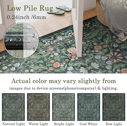 3x5 Washable Area Rug Floral Green Entryway Small Rug Vintage Forest Low Pile Non Slip Stain Resistance Soft Carpet for Kitchen, Bedroom Beside, Laundry Room, Office Rug, Kids Room, Nursery Room