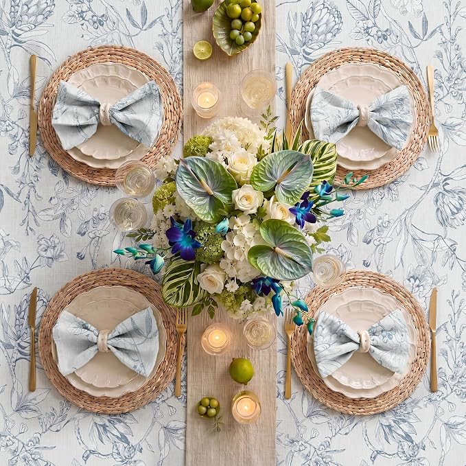 jinchan Blue Floral Linen Rectangle Table Cloth 50 x 84 Inch | Extended table - Image 7