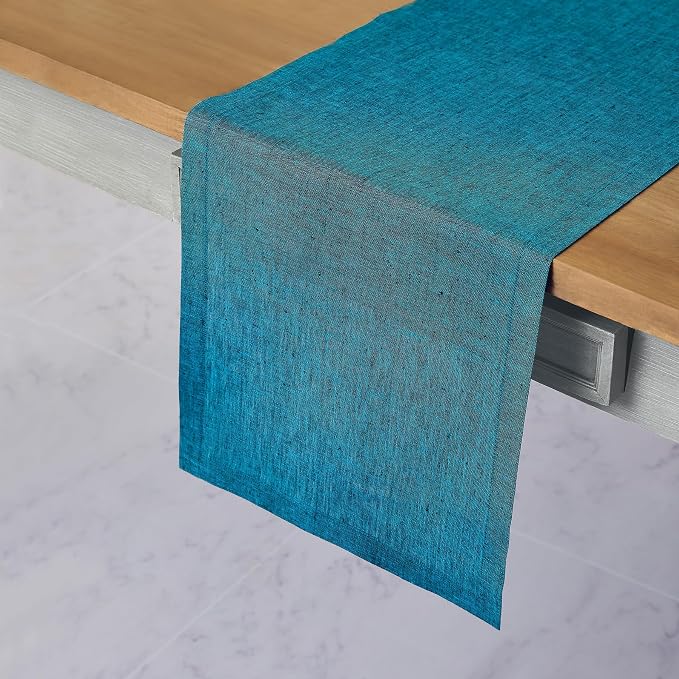 Solino Home 100% Pure Linen Dining Table Runner Teal, Athena 14 x 156 in | by SolinoHome