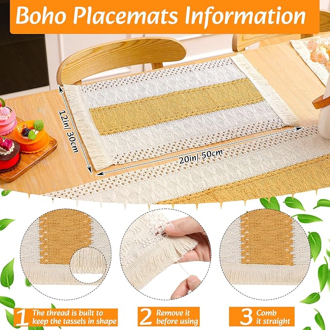6 Sets Boho Decoration Placemats Round Woven Placemats, Cloth Napkins, Wood - Image 2