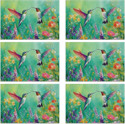 Hummingbird 12x18 Inch Placemats Set of 6 - Waterproof, Non-Slip & Washable Vintage Spring Flower Birds Table Mats for Kitchen & Dining Table Placemats