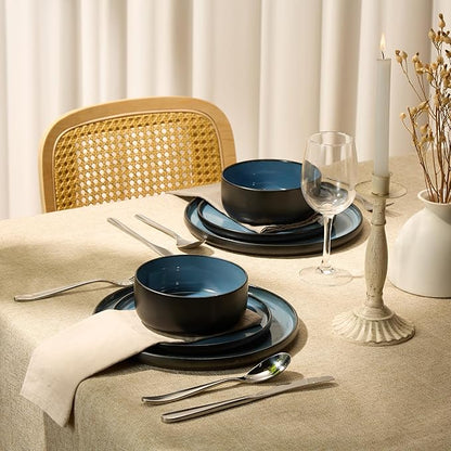 Dinnerware Set, 12 Piece Service for 4, Vase and Vessel, Ceramic 10.5” Dinner Plates, 8.2” Salad Plates and 20 oz Bowls, Stoneware, Somerset Collection (Black/Slate Blue)