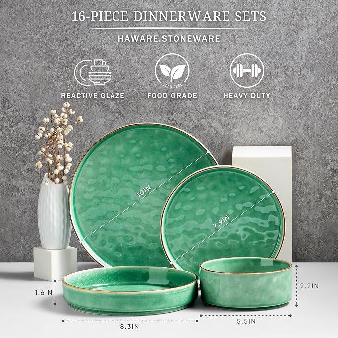 HaWare 16-Piece Dinnerware Set for 4, Stoneware Dish Set, Reactive Green | - Image 2