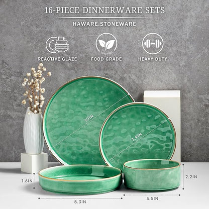 HaWare 16-Piece Dinnerware Set for 4, Stoneware Dish Set, Reactive Green | - Image 2