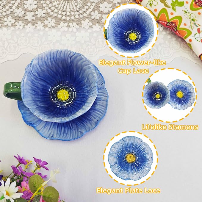 10 oz Tea Cups and Saucers, Ceramic Flower-shaped Cappuccino Cup, Latte Cup and - Image 3