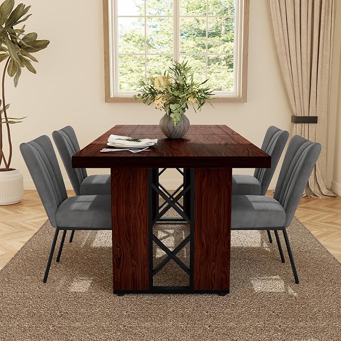 7-Piece Dining Table Set for 6 People, 70.8" MDF Kitchen Table with 6 Velvet Chairs, Space-Saving for Dining Room, Breakfast Nook(Walnut Table+6 Grey Chairs)